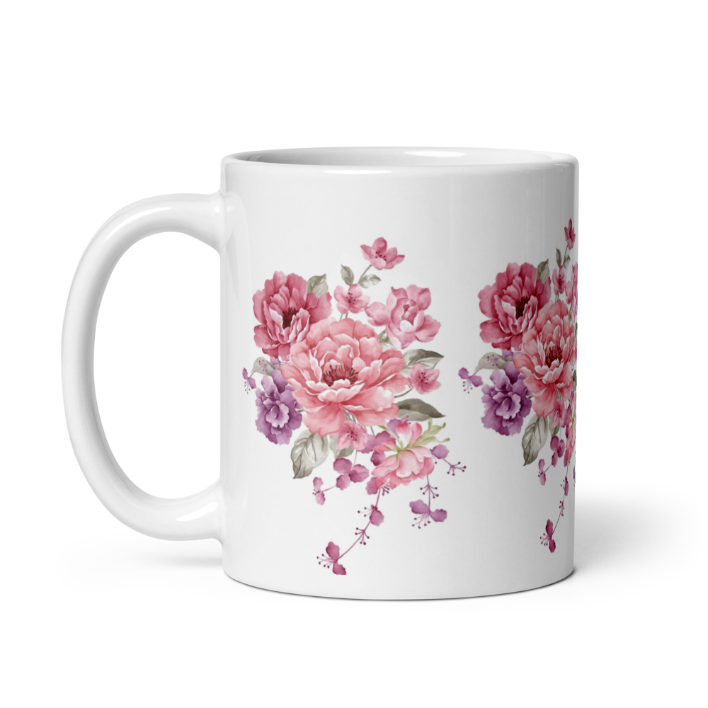 Elegant Pink Floral White Glossy Ceramic Tea Mug thumbnail 2