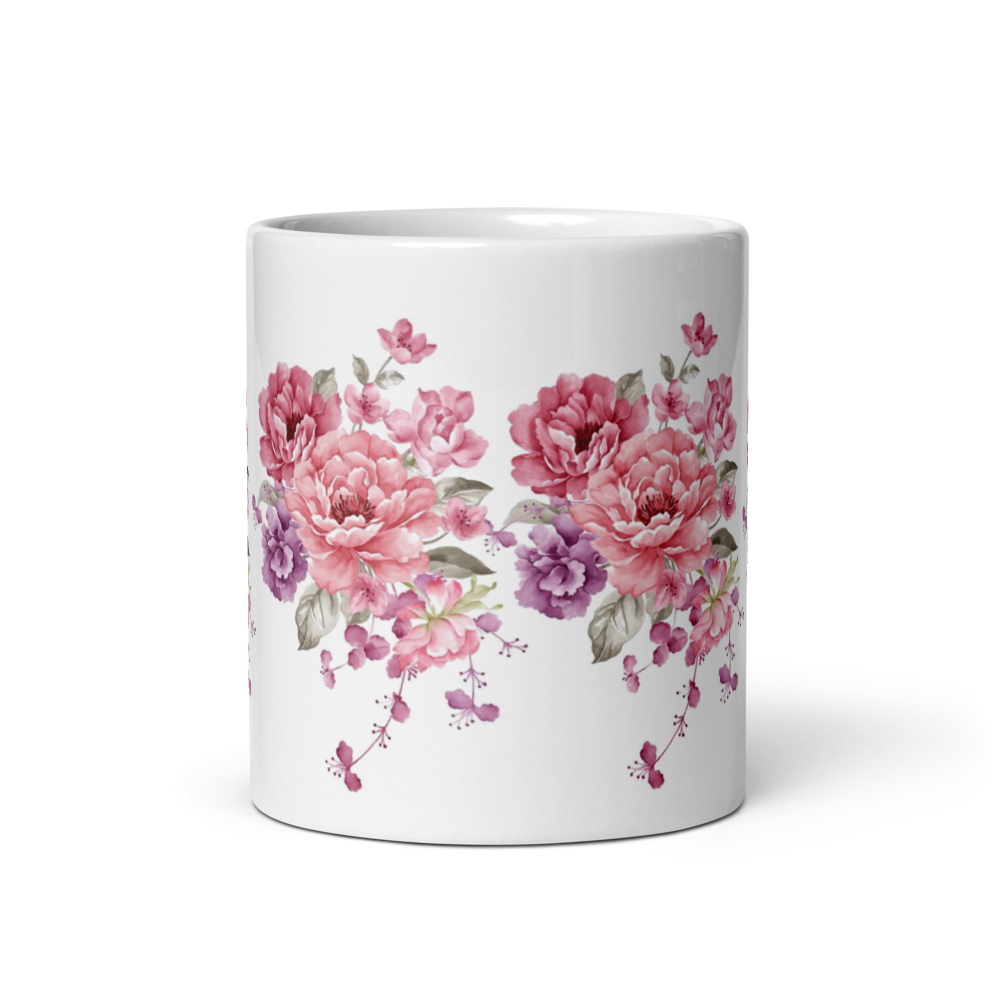 Elegant Pink Floral White Glossy Ceramic Tea Mug thumbnail 3