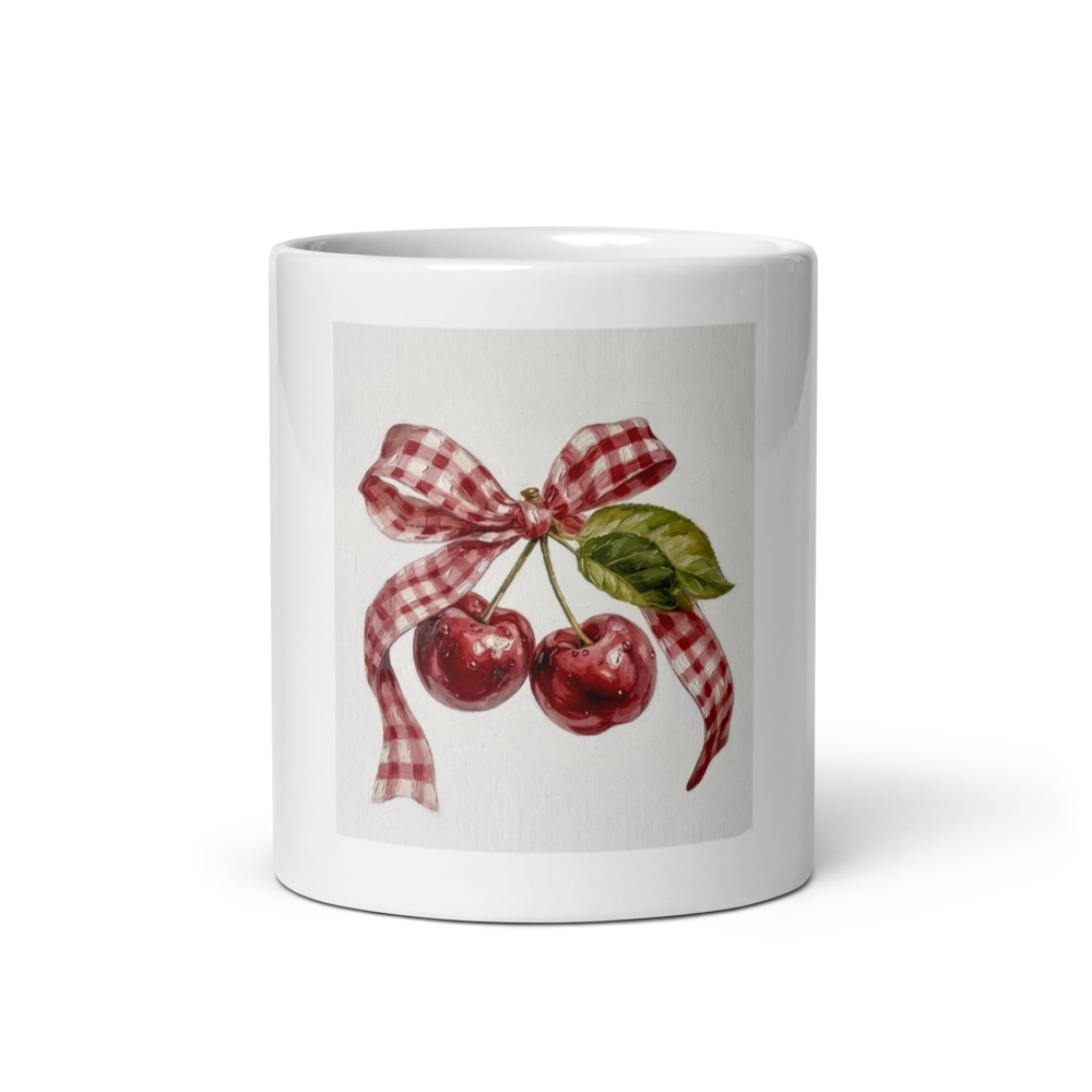 Cherry Ribbon  aesthetic white glossy mug 🎀✨ thumbnail 3