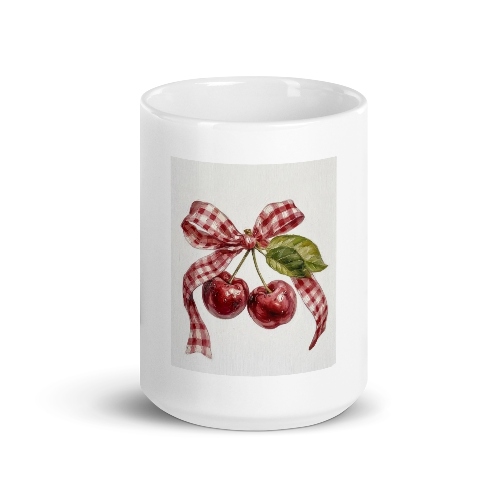 Cherry Ribbon  aesthetic white glossy mug 🎀✨ thumbnail 6