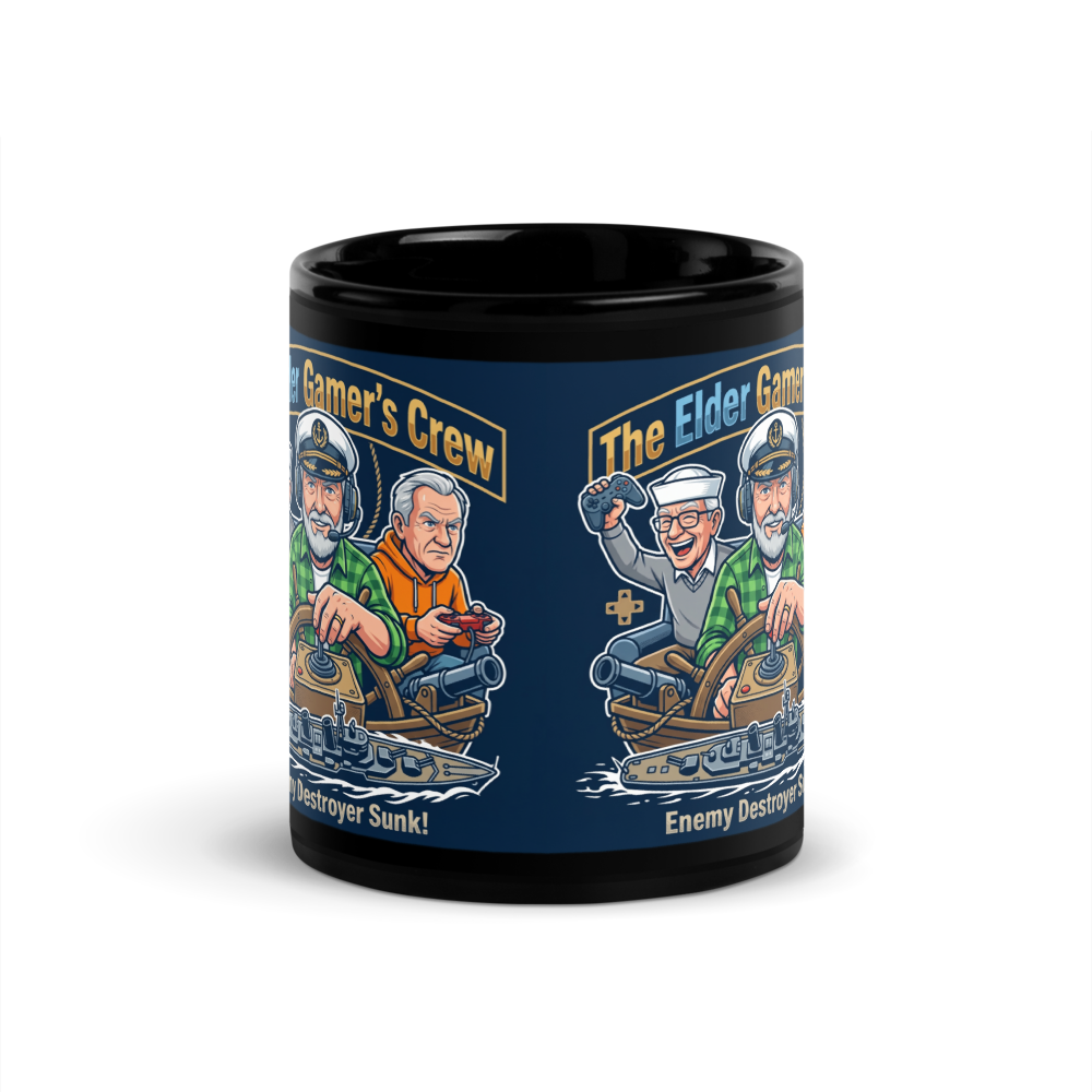 “The Elder Games’ Crew” Black Glossy Mug thumbnail 3