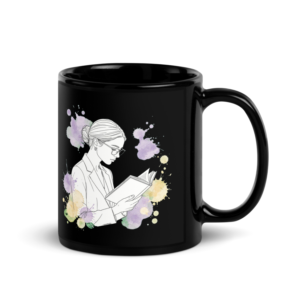 Girl Reading Book Watercolor Line Art Black Mug thumbnail 2