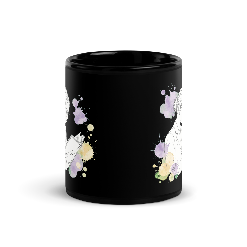 Girl Reading Book Watercolor Line Art Black Mug thumbnail 3