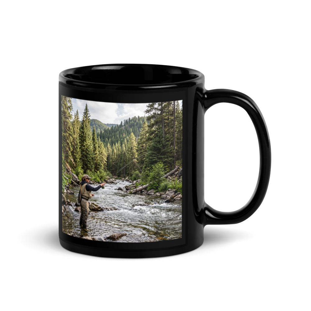 🎣 The River’s Calling – Black Glossy Mug thumbnail 2