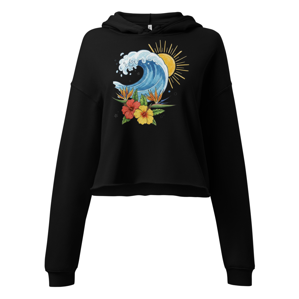Tropical Sun & Ocean Wave Women's Cropped Hoodie .