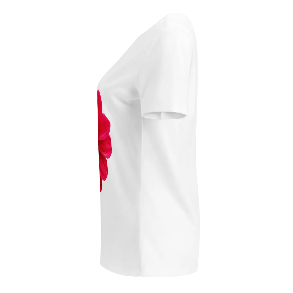 Red Dahlia Flower White V-Neck T-Shirt for Women thumbnail 3