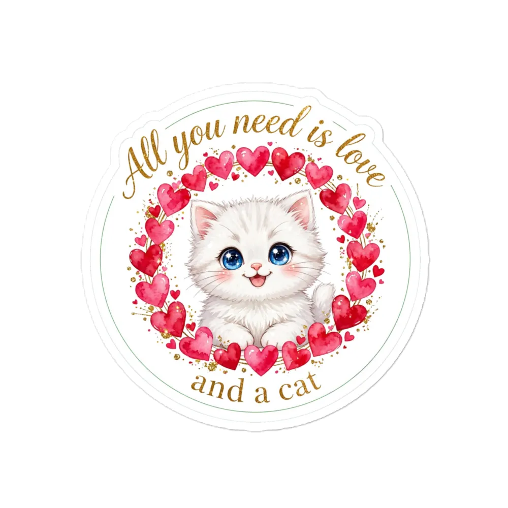 Cute Watercolor Cat & Hearts Love Sticker