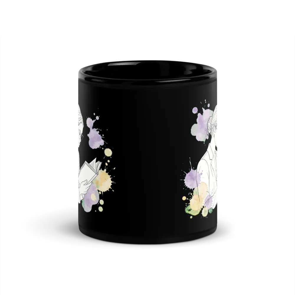 Girl Reading Book Watercolor Line Art Black Mug thumbnail 3