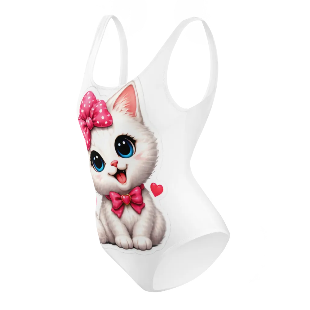 Adorable white cat with pink bow kawaii all-over p thumbnail 3