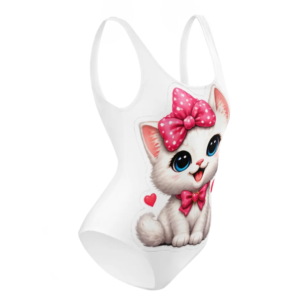Adorable white cat with pink bow kawaii all-over p thumbnail 4