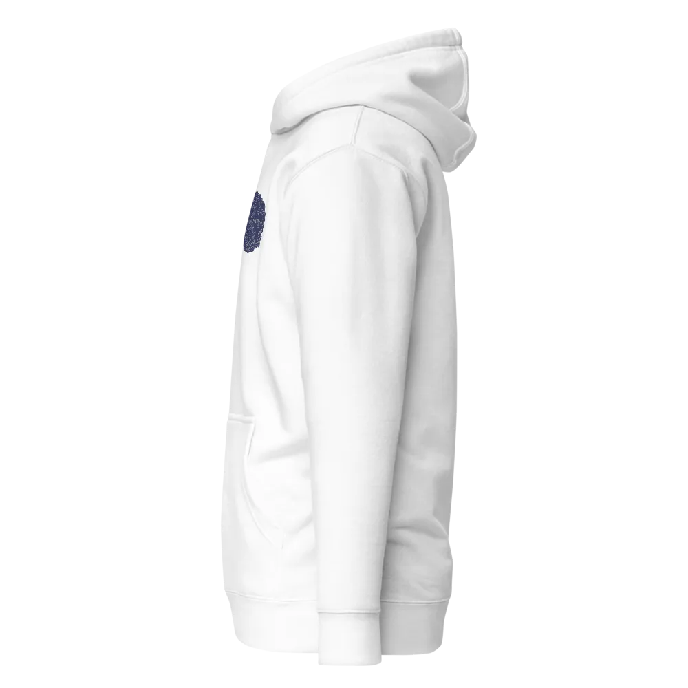 White Pullover Hoodie with Navy Blue Emblem Print thumbnail 3