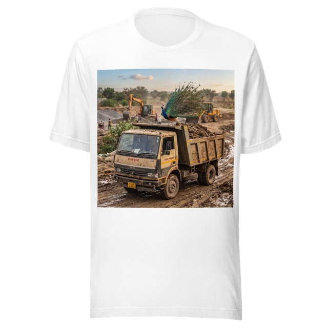peacock on top of a mud carrying truck