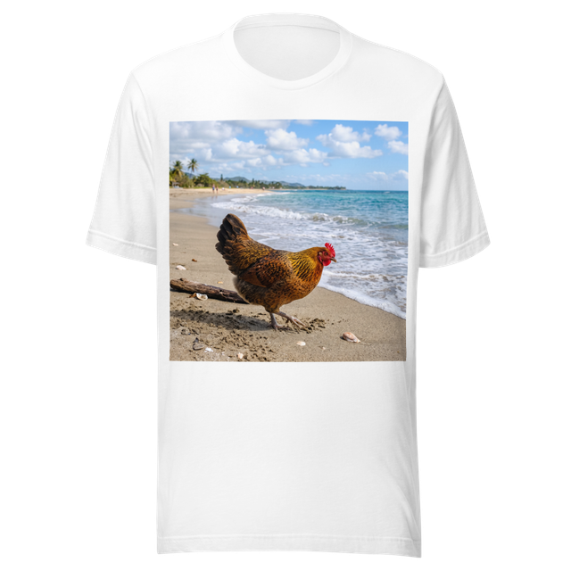 beautiful chicken at the beach near the sea