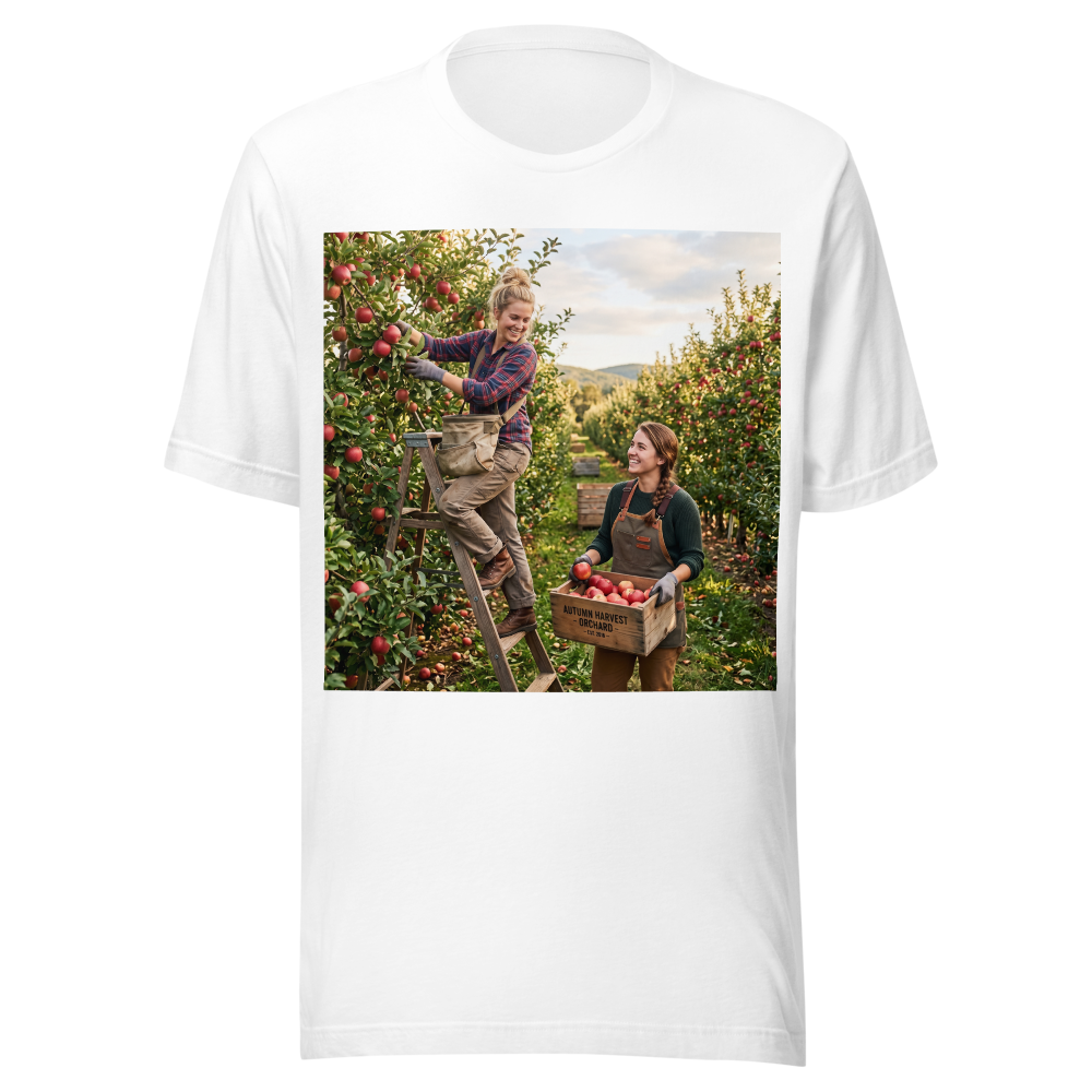 apple orchard with young female farmers