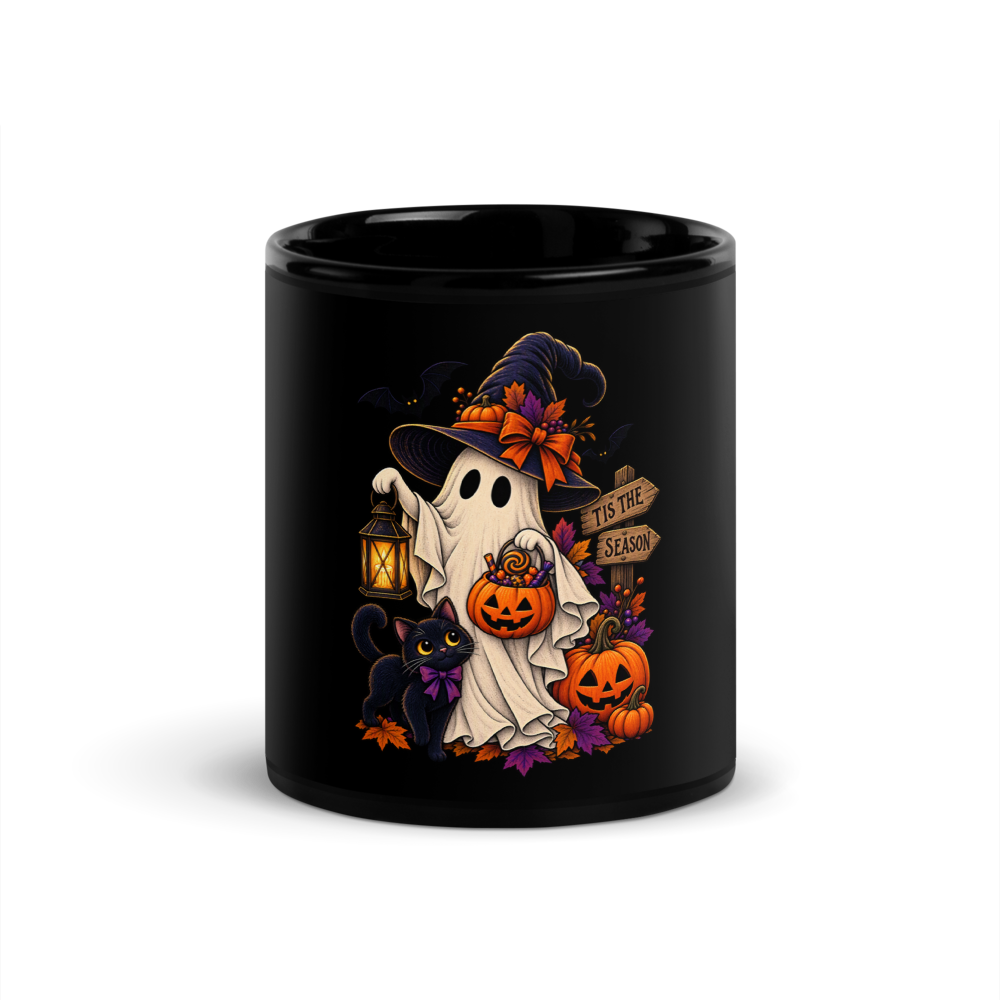 Cute Halloween Ghost, Black Cat & Pumpkins