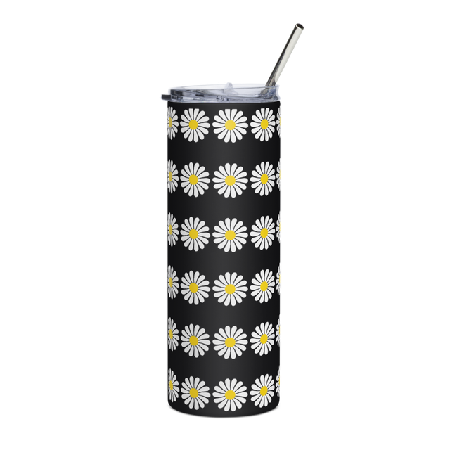 Aesthetic Black Daisy Tumbler with Metal Straw