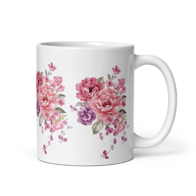 Elegant Pink Floral White Glossy Ceramic Tea Mug