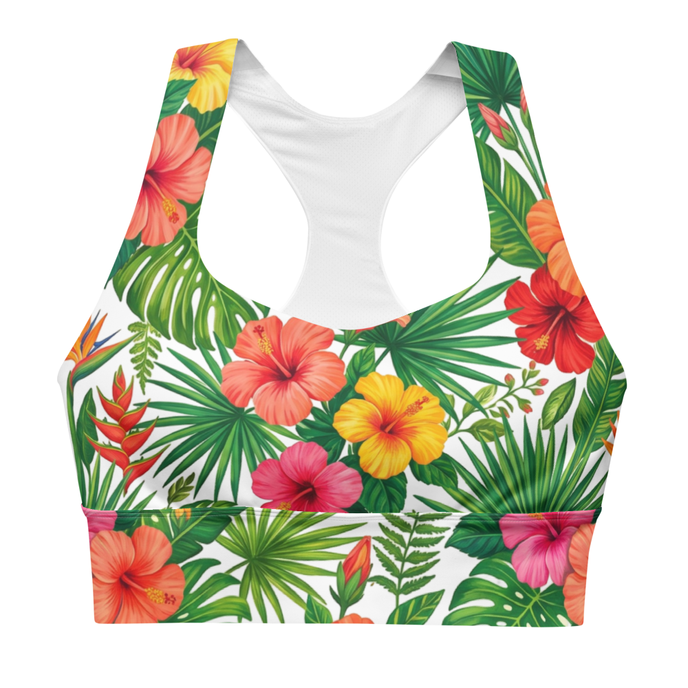 Vibrant Tropical Hibiscus Longline Sports Bra