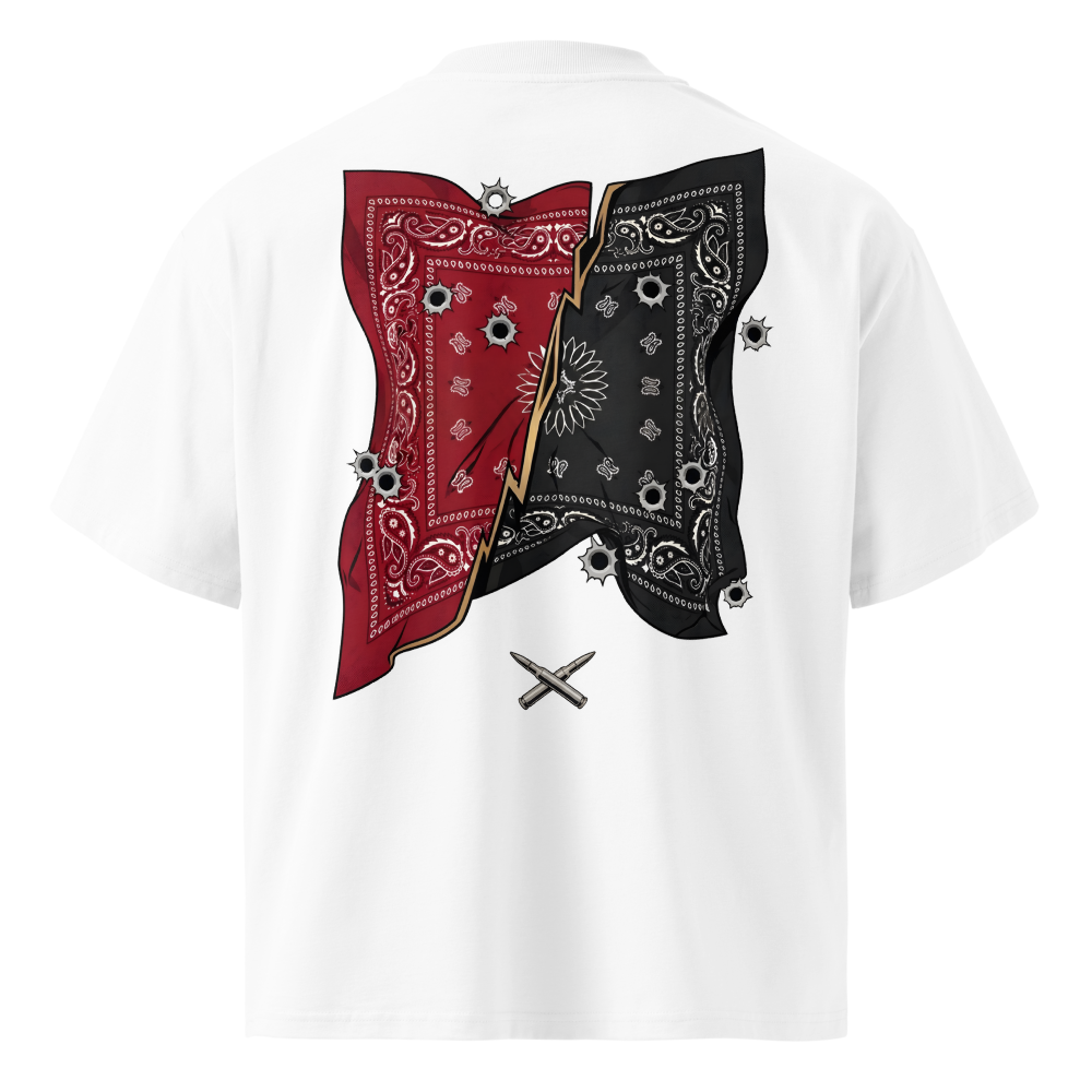 Split Red and Black Bandanas With Bullet Holes 