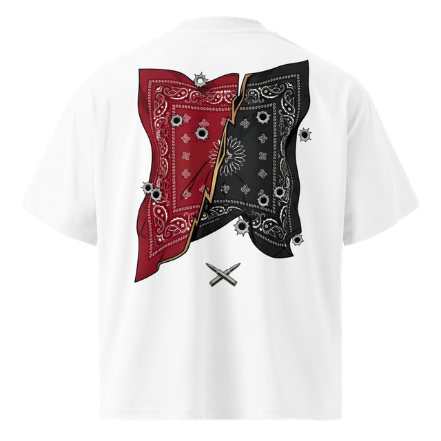 Split Red and Black Bandanas With Bullet Holes