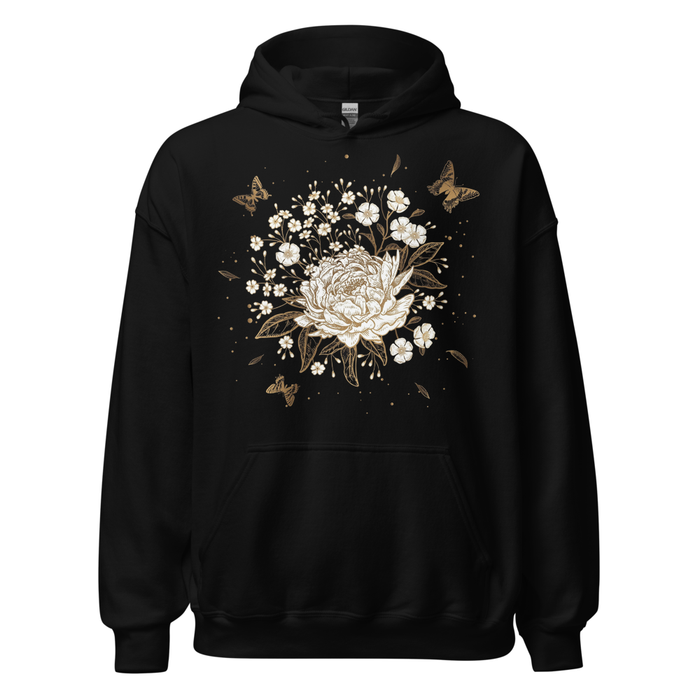Vintage Gold Floral Butterfly Graphic Black Hoodie