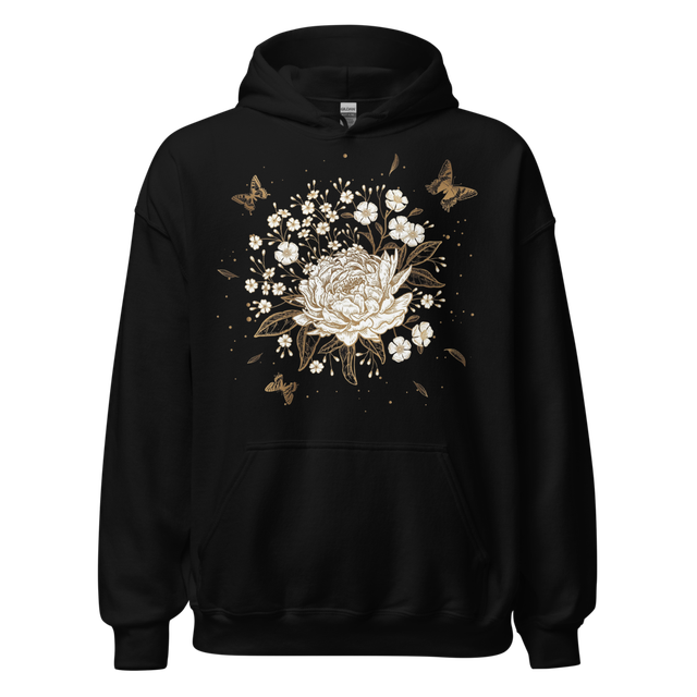 Vintage Gold Floral Butterfly Graphic Black Hoodie