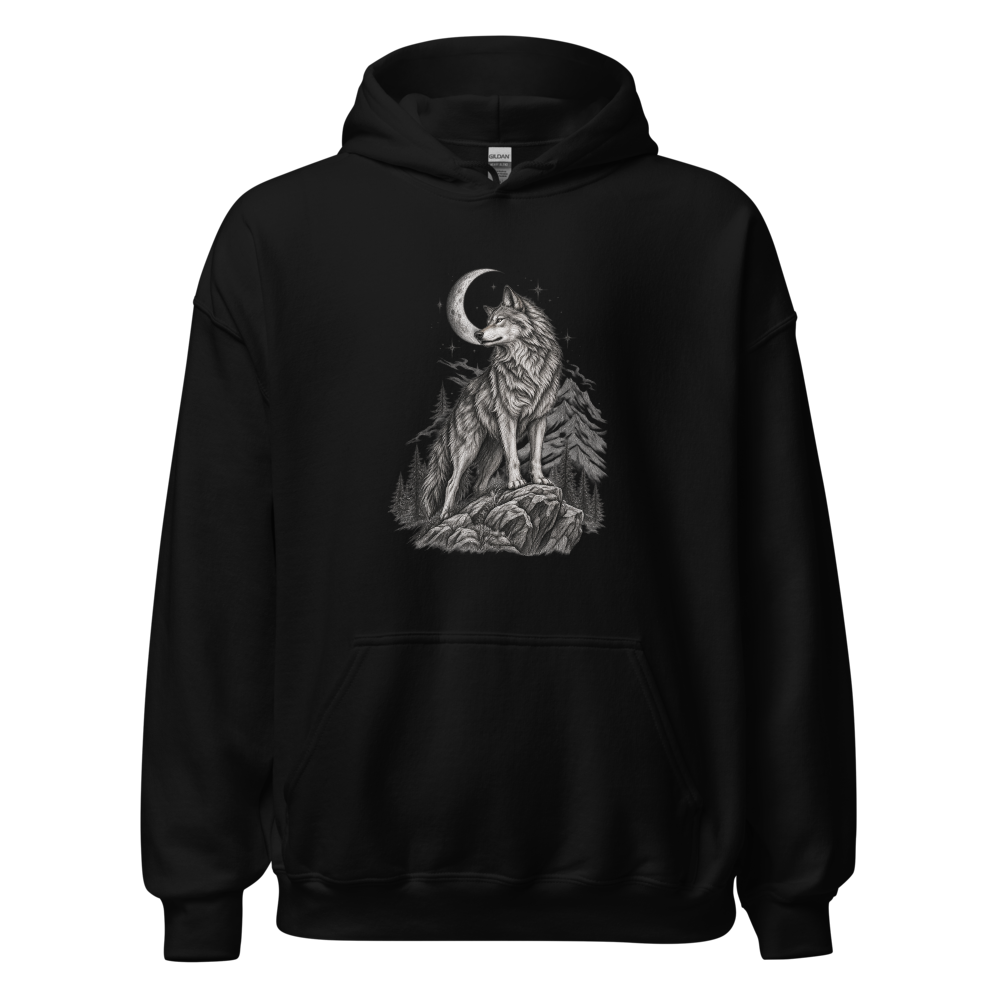 Celestial Wolf Moon Graphic Black Hoodie