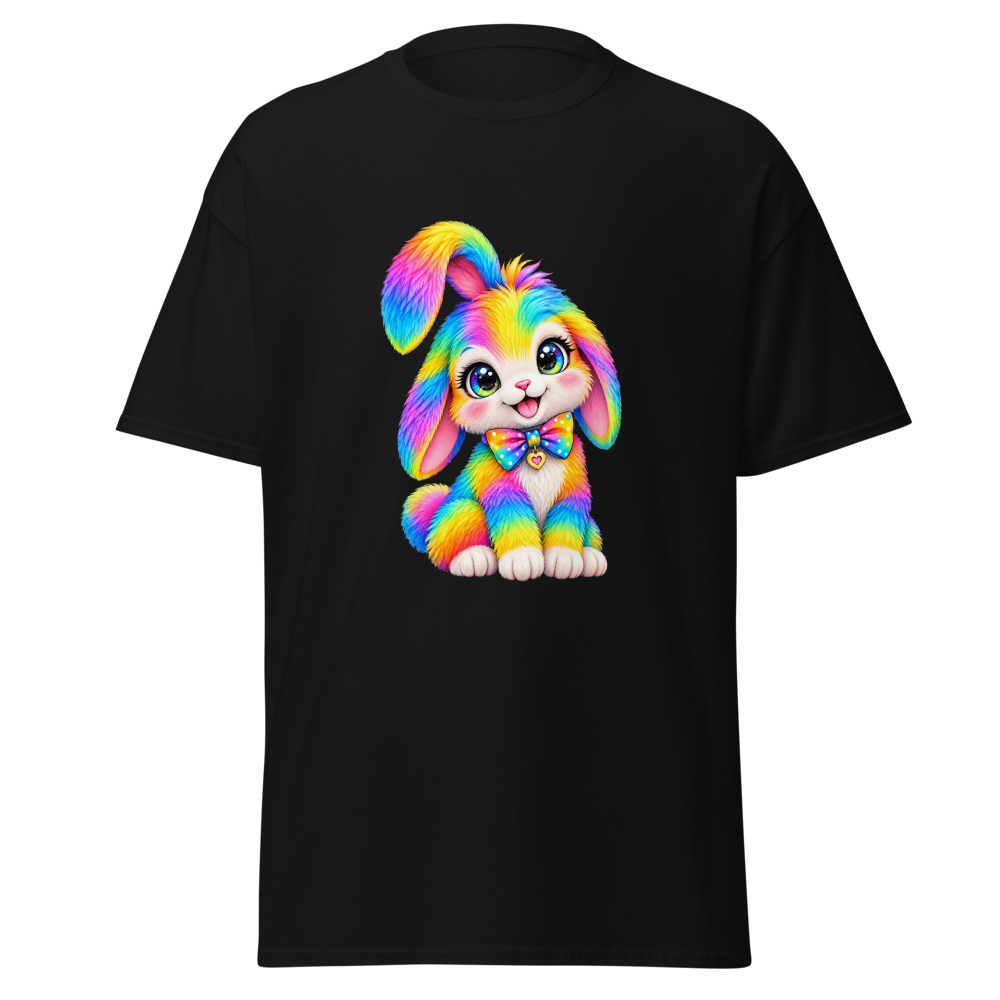 Rainbow Bunny Print Black Cotton Casual T-Shirt