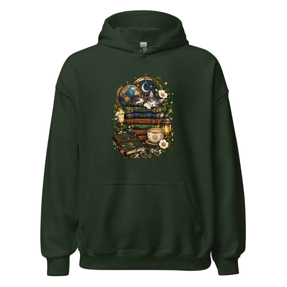 Cat and Books Forest Green Aesthetic Cozy Hoodie