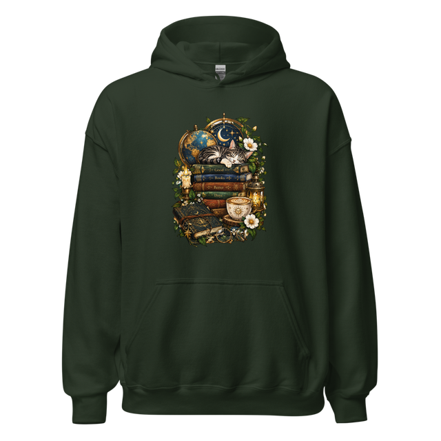 Cat and Books Forest Green Aesthetic Cozy Hoodie