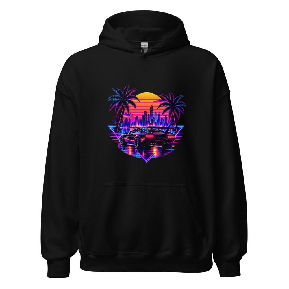 Retro 80s Synthwave Neon Car Outrun Black Hoodie