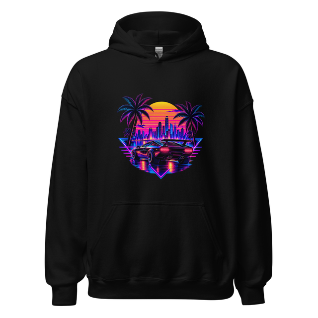Retro 80s Synthwave Neon Car Outrun Black Hoodie