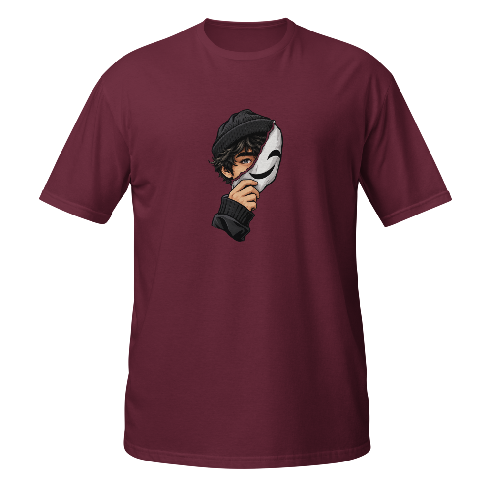 Boy holding mask graphic printed maroon t-shirt