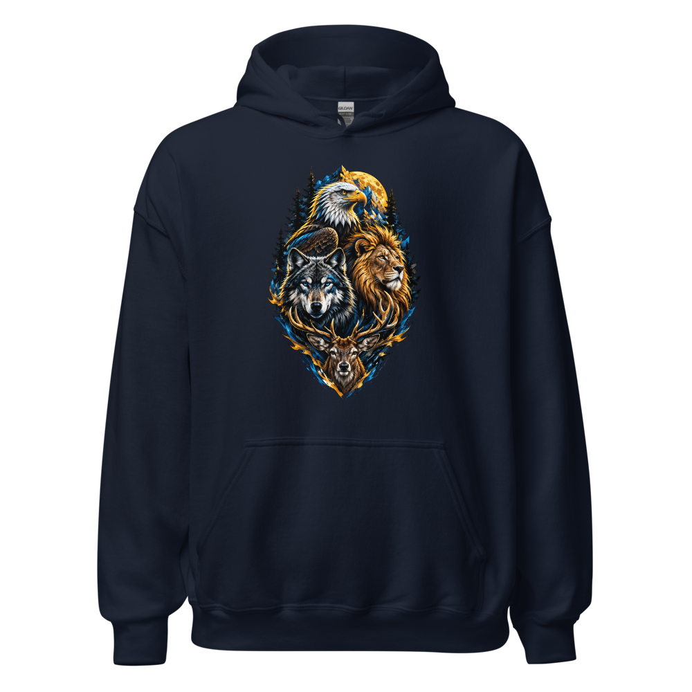 Navy Blue Animal Graphic Hoodie: Wolf, Lion, Deer