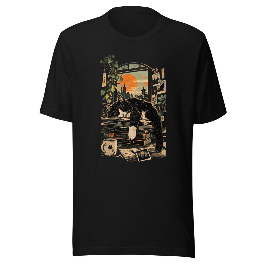 Sleeping Tuxedo Cat - Cozy Window City Sunset