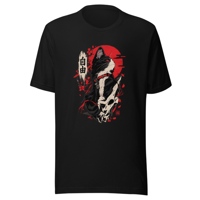 Japanese Samurai Tuxedo Cat - Red Sun Cherry Bloss