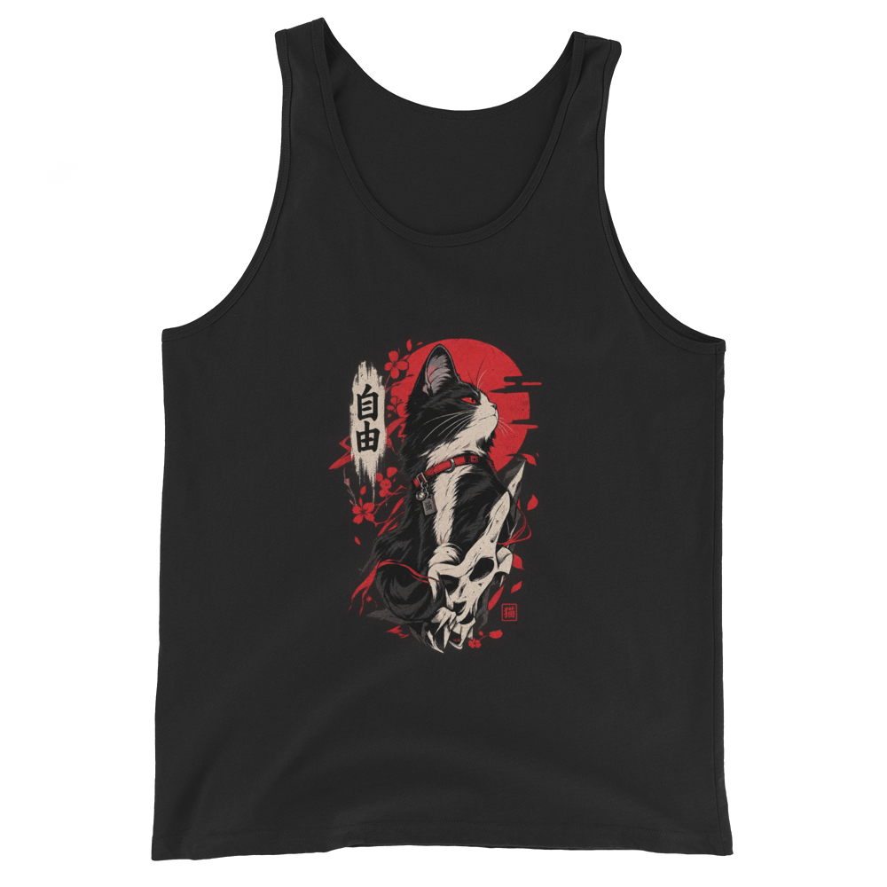 Japanese Samurai Tuxedo Cat - Red Sun Cherry Bloss