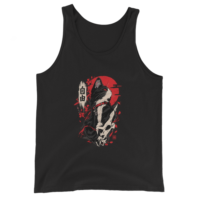 Japanese Samurai Tuxedo Cat - Red Sun Cherry Bloss