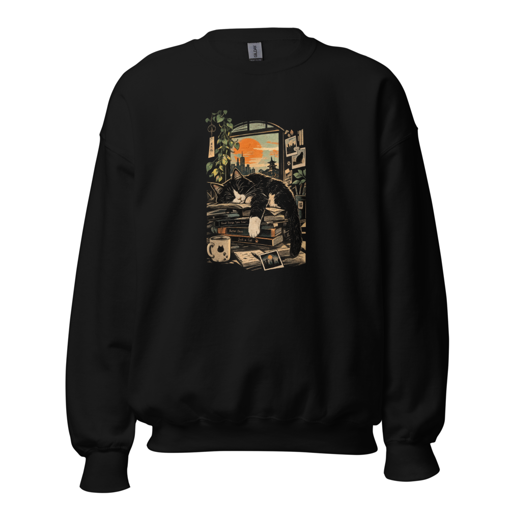 Sleeping Tuxedo Cat - Cozy Window City Sunset 