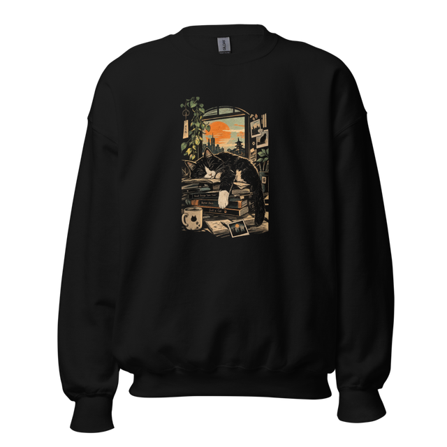 Sleeping Tuxedo Cat - Cozy Window City Sunset
