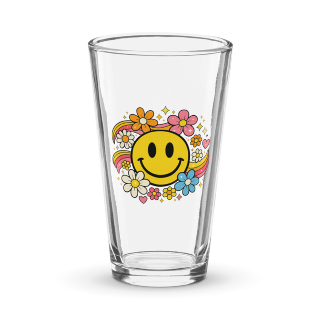 Retro Smiley Groovy Flowers Glass