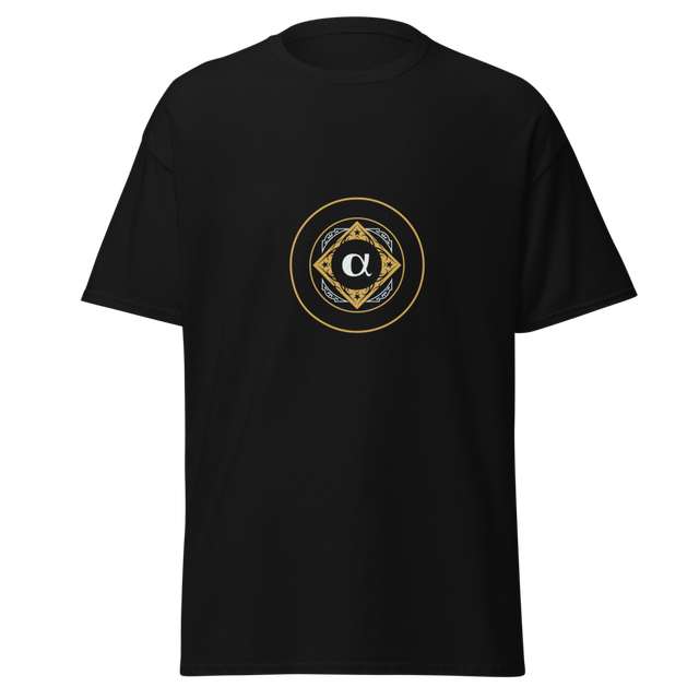 black tshirt with gold logo