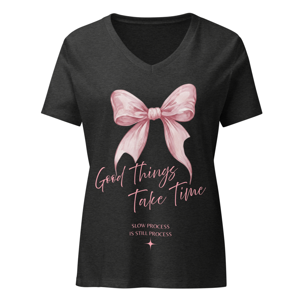 Good Things Take Time Pink Bow V-Neck T-Shirt