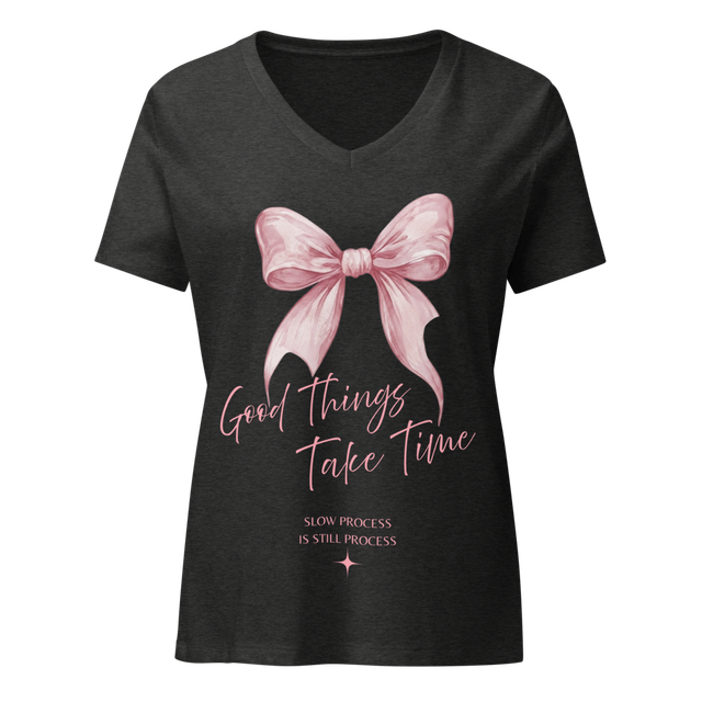 Good Things Take Time Pink Bow V-Neck T-Shirt