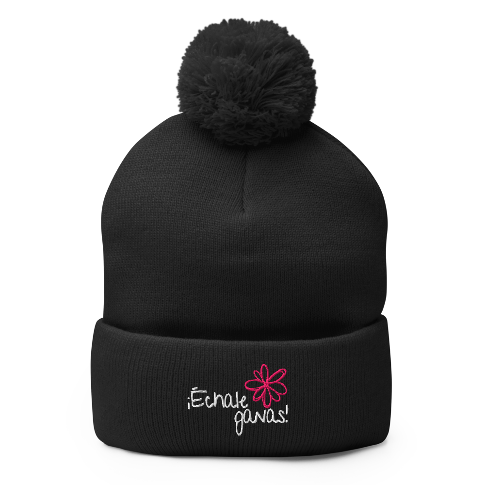 Echale Ganas Floral Pom-Pom Knit Beanie - Pink