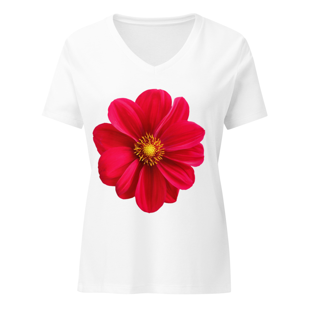 Red Dahlia Flower White V-Neck T-Shirt for Women