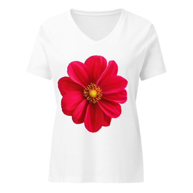 Red Dahlia Flower White V-Neck T-Shirt for Women