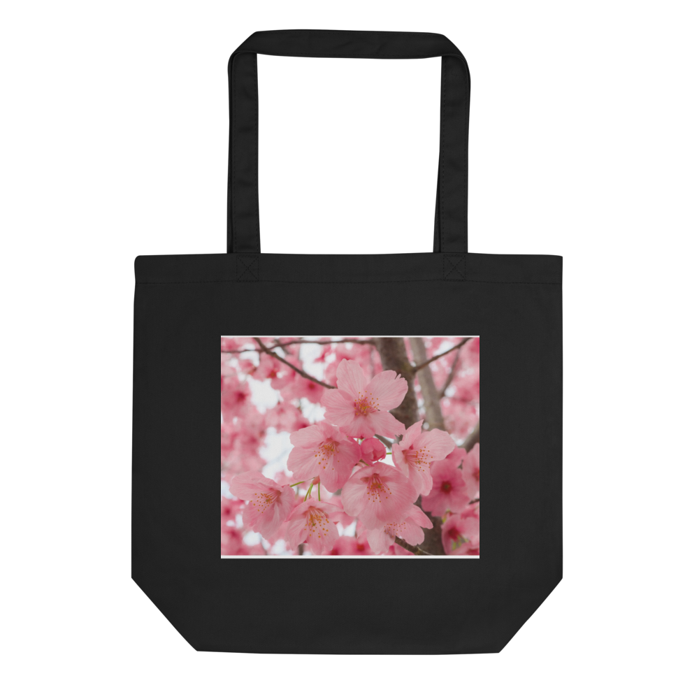 Pink Cherry Blossom Black Tote Bag Floral