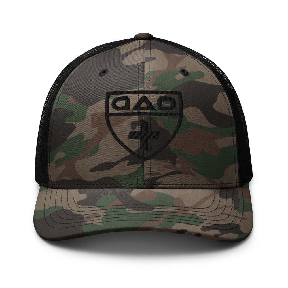 Black Crest Logo Camo Trucker Cap