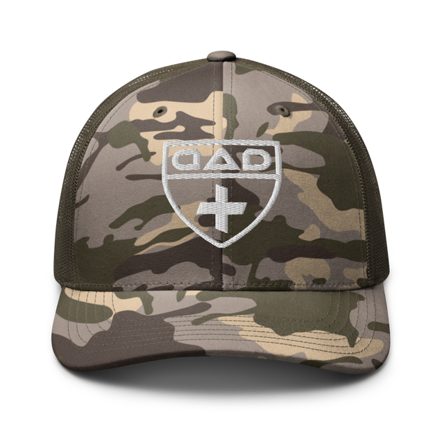 White Crest Logo Camo Trucker Cap